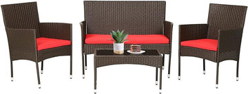 FDW 4 Pieces Wicker Patio Conversation Set Patio Furniture Set with Rattan Chair Loveseats Coffee Table for Outdoor Indoor Garden Backyard Porch Poolside Balcony,Brown Wicker/Red Cushions