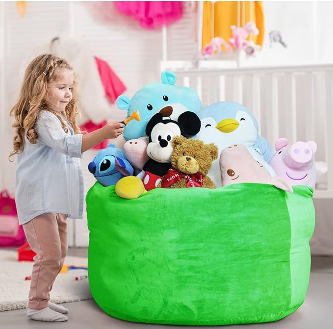 Bean Bag Chair Cover, Stuffed Animal Storage, Plush Toys Organizer Holder, Beanbag Chairs Cover for Kids Teans and Adults Super Soft and Comfortable Fabric X-Large with Handle and Zipper -Round Green