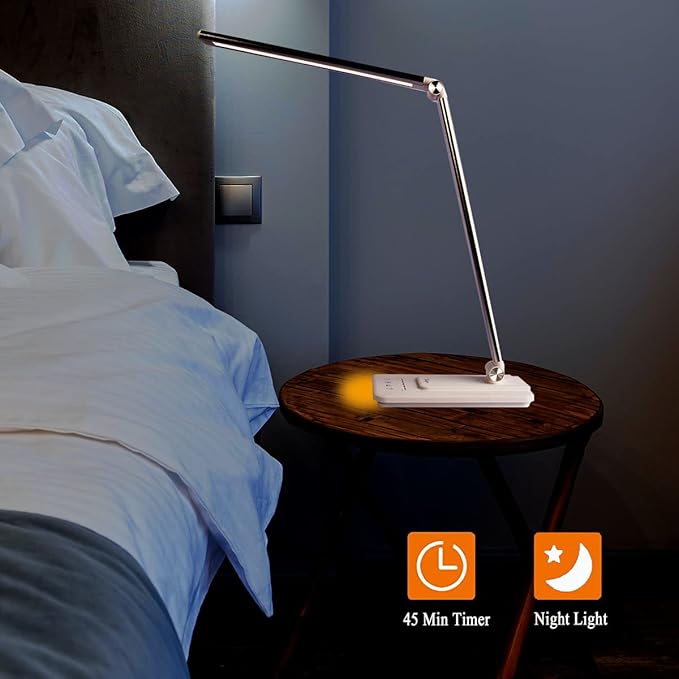 LED Desk Lamp, Stepless Dimmable Eye-Caring Lamps with Night Light USB Charging Port 5 Color Modes and 5 Brightness Levels, 30 min Auto Timer, Adjustable Lamps for Home Office Bedroom, White
