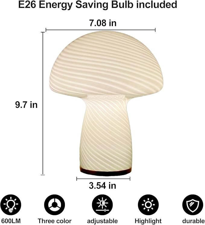 Mushroom Lamp,Glass Table Bedside Lamps,Translucent Vintage Style Striped Small Night Mushroom Decor Light for Ambient,Kids,Bedroom,Living,Gift (Stripe White)