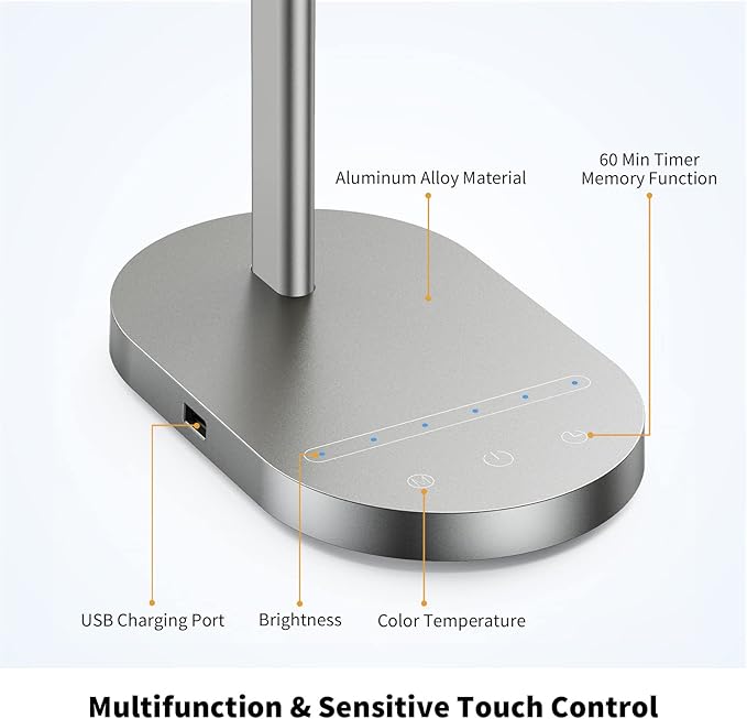 ProtoArc Modern Desk Lamp, Metal Aluminum Alloy Dimmable LED Desk Light with USB Charging Port, Eye-Caring Table Light, Touch Control, 5 Color Modes, 6 Brightness Levels, Timer for Home Office Bedroom