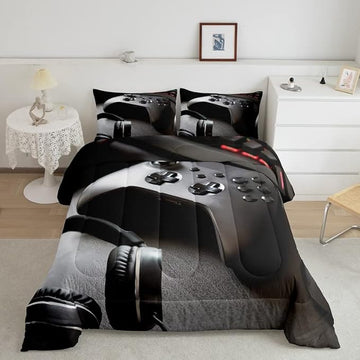 Feelyou Gaming Bedding Set Boys Game Controller Comforter for Kids Girls Teens Modern Gamer Headset Comforter Set Youth Gaming Console Video Game Decor Duvet Set with 1 Pillow Case Twin Size Black