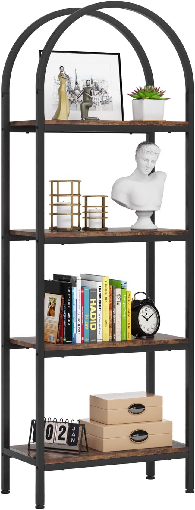 Tribesigns 4-Tier Open Bookshelf, 70.8" Industrial Arched Bookcase Storage Shelves with Metal Frame, Freestanding Display Rack Tall Shelving Unit for Office, Bedroom (Rustic Brown, 1PC)