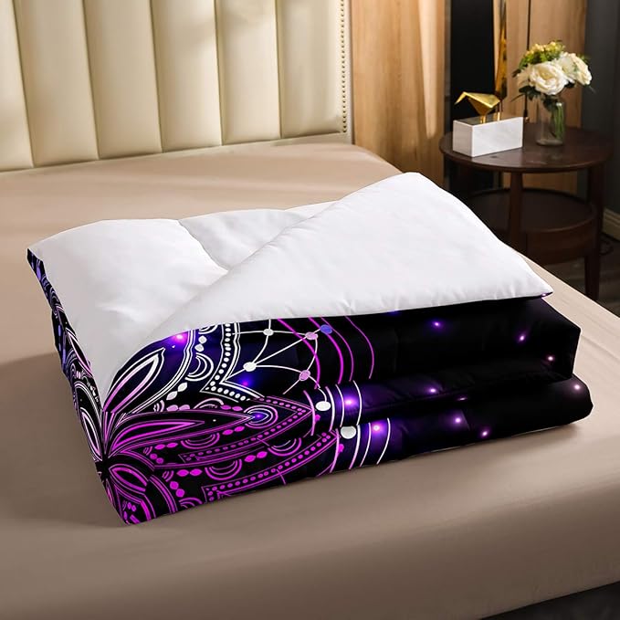 Erosebridal Dream Catcher Feather Comforter Set, Bohemian Mandala Down Comforter Full Size for Kids Girls Boys, Starry Sky Galaxy Bedding Set Boho Tie Dye Exotic Flower Quilted Duvet, Purple