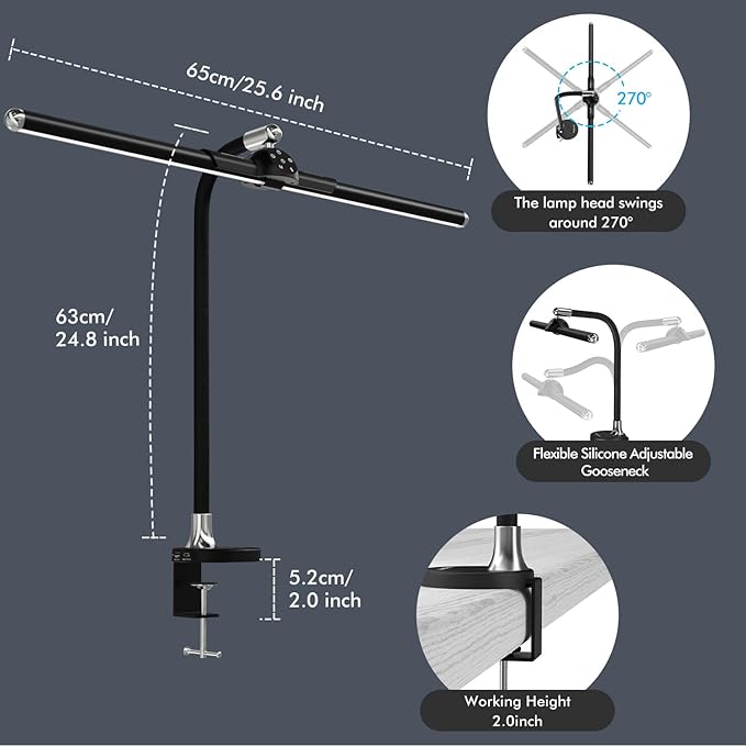 Megainvo LED Desk Lamp with Clamp, 24W Desk Light w/Timer & USB Charging for Home Office, Eye-Care Desk Lamps 5 Color Modes Stepless Dimming Adjustable Table Light for Monitor Work Study Reading