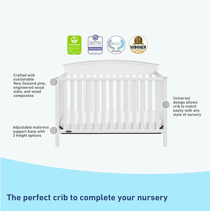 Graco Benton 5-in-1 Convertible Crib (White) – GREENGUARD Gold Certified, Converts from Baby Crib to Toddler Bed, Daybed and Full-Size Bed, Fits Standard Full-Size Crib Mattress