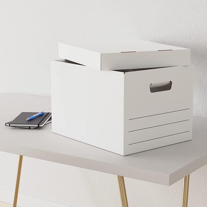 Amazon Basics Medium Duty Storage/Filing Boxes With Lid and Handles, Legal/Letter Size, 12-Pack, White, 16.2" L x 12.5" W x 10.5" H