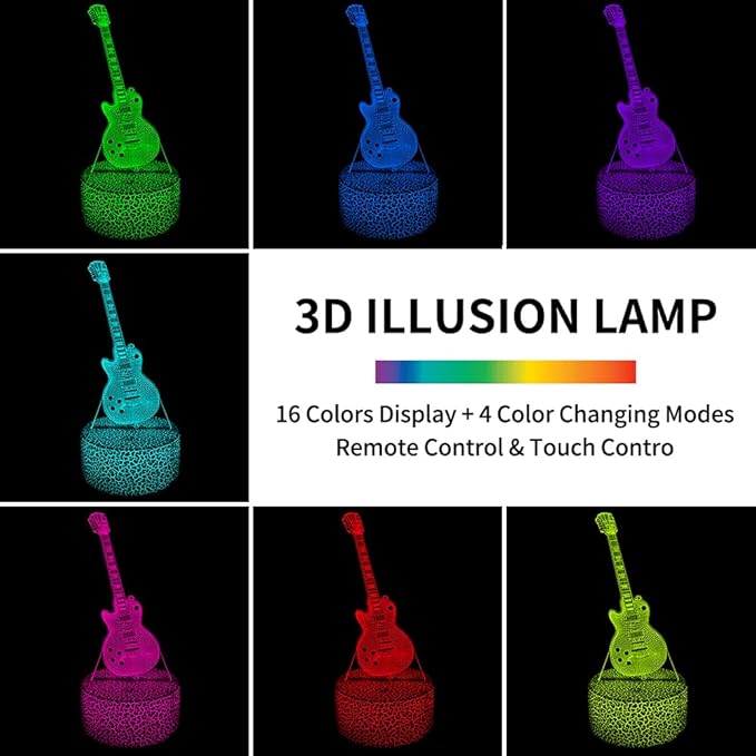 Guitar 3D Night Light Illusion Lamp,16 Color Changing with Remote Control,Bedroom Decor Xmas Birthday for Musical Lover Men Women Family, Friends