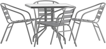 Flash Furniture Lila 31.5'' Square Glass Table with 4 Metal Aluminum Slat Stack Chairs, Silver
