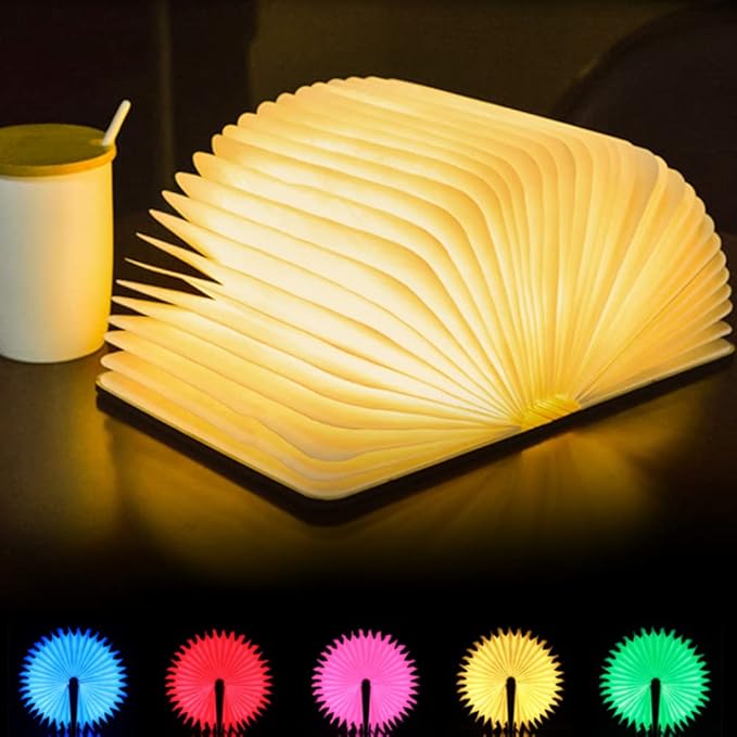 Folding Book Lamp Novelty Wooden Table Lamp Portable Desk Light LED Paper Lantern with USB Rechargeable for Gift Home Office Decor