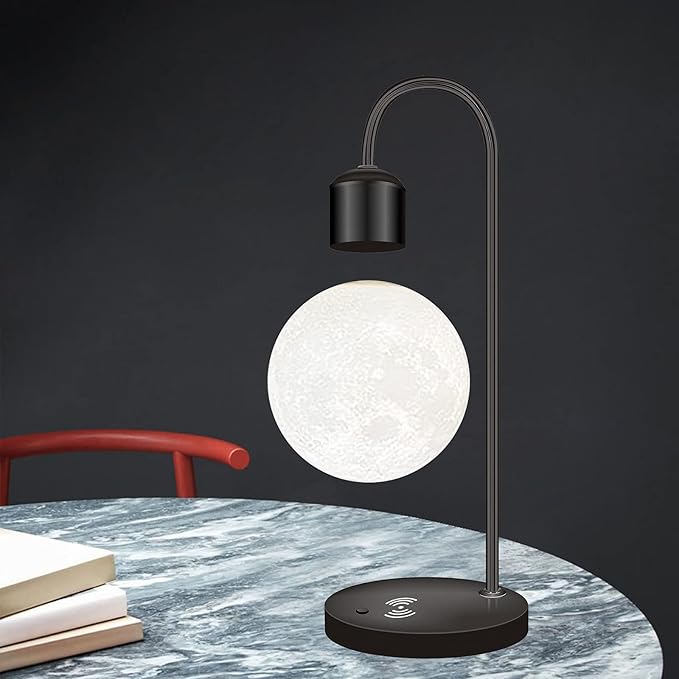 Unique Modern Levitating Moon Lamp with Built-in Qi Wireless Charger, Simplistic and Innovative Design, Warm Decorative LED Light for Home and Office (Black)
