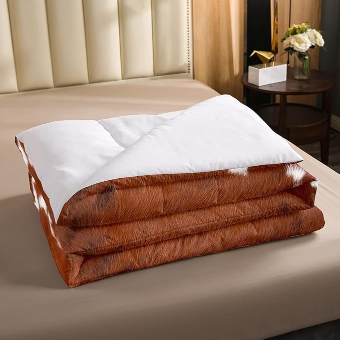 Erosebridal Cow Print Bedding Set King, Brown White Cowhide Comforter Set, Farmhouse Animal Hair Bedding Set for Kids Teens Adult Milk Western Cowboy Rustic Duvet Set Home Room Decor