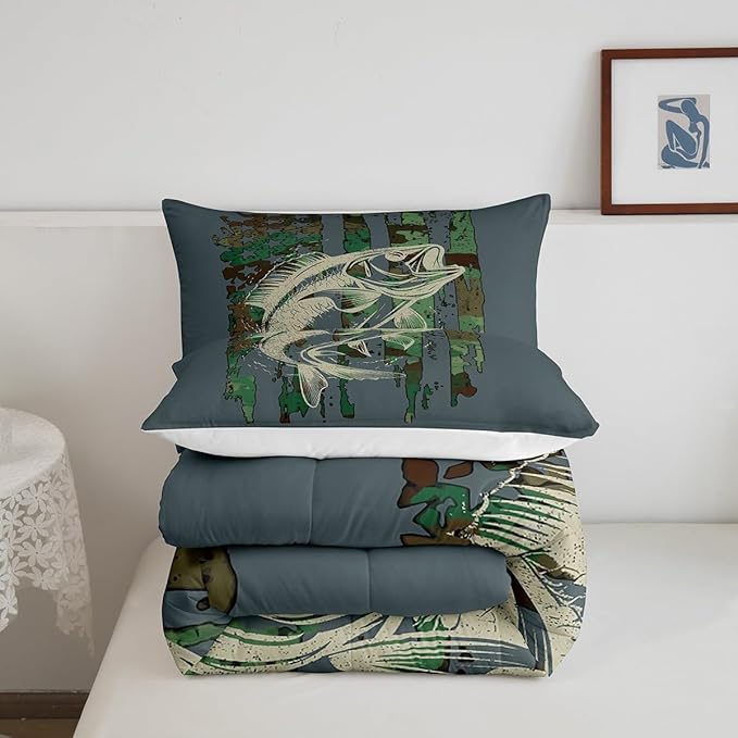 Bass Fish Comforter Set Full Size Green Camouflage Bedding Set for Fishing Lover Gifts Boys Girls Camo Pike Fish Fishing Comforter Wild Fisherman Bed Set Rustic Cabin Bedroom Decor