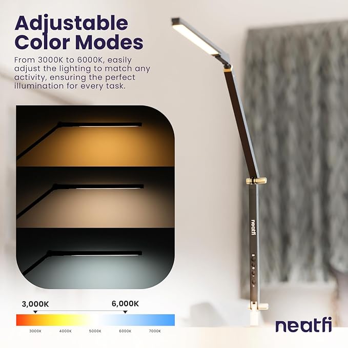 Neatfi LED Desk Lamp with Clamp, Touch & Remote Controlled, Stepless Dimming, 3 Color Modes, 3000-6000K, Detachable Shade, Flicker-Free, 360° Rotation, Wide Angle Lighting (Modern, Black)