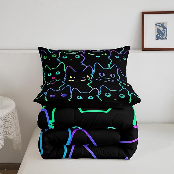 Erosebridal Full Size Bedding Set for Girls Cartoon Cat Comforter Set,Gradient Line Cute Cat Bed Sets for Kids Boys Girls Women Room Decor,Lovely Animal Kitten Print Comforter Soft,Rainbow Black