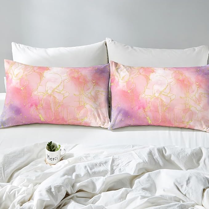 Pink Marble Bedding Comforter Sets Full Size, Tie Dye Marble Decor Comforter Set for Boys Girls Women Bedroom, Gold Bronzing Marble Bedding Pink Purple Modern Abstract Quilt with 2 Pillowcases