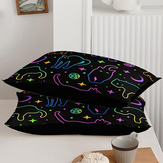 Black Cat Bedding Cartoon Cat Comforter Set Full,Moon Stars Printed Kids Bedding Set for Boys Girls Adults Room Decor,Kids Comforter Set All Season,1 Quilt 2 Pillow Cases,Neon Color Purple Blue Green