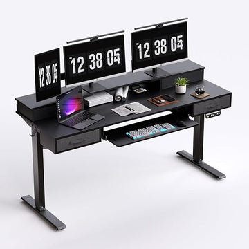 Electric Standing Desk, Multifunctional Standing Desk Adjustable Height, 63 * 24 Standing Desk with 4 Drawers, Ergonomic Adjustable Standing Desk with Keyboard Tray, Classic Black