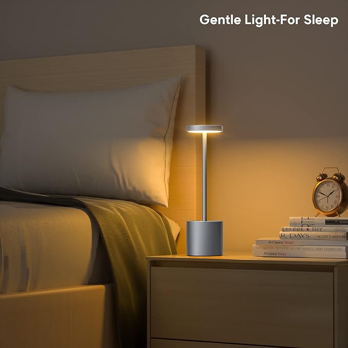 Rechargeable Cordless Table Lamp, 10.25in Small Outdoor Portable Battery Operated Desk Lamps 2 Levels Dimmable Powered Night Light for Dining Restaurant Bar Garden Patio Bedroom Grey