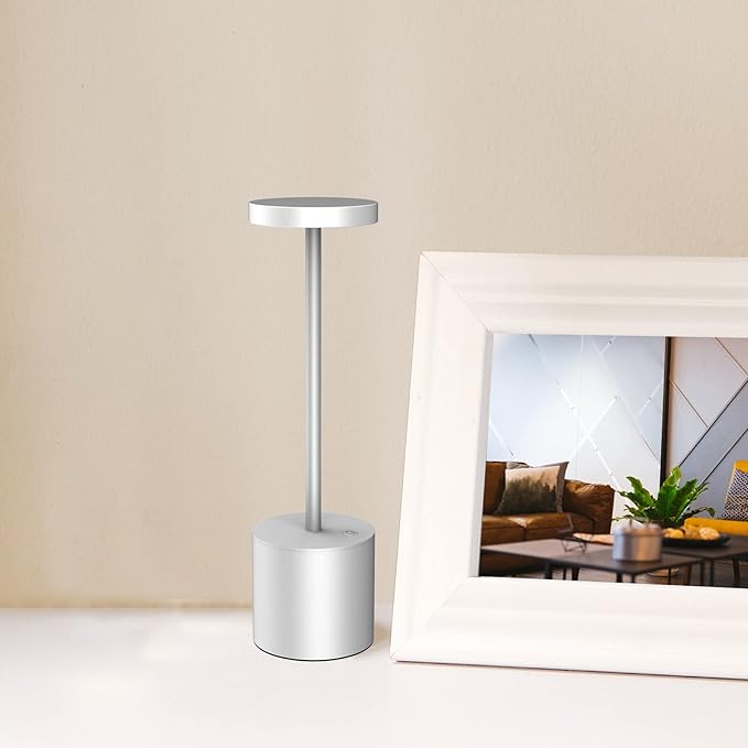 CYOIDAI LED Table Lamp, 2 Pack Rechargeable Battery with Cordless Desk Lamps 3 Lighting Modes Dimmable Light 5000 mAh, for Restaurant, Terrace, Outdoor (Silver)