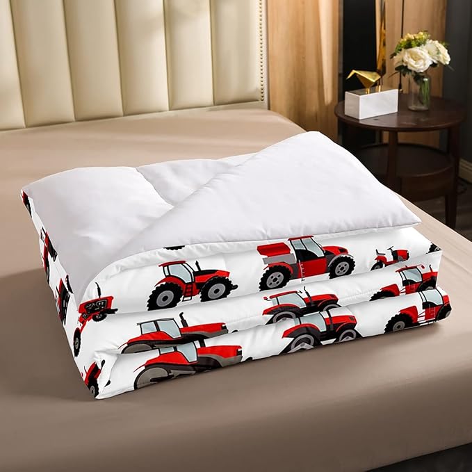 Erosebridal Red Tractor Comforter Set Twin Size Heavy Equipment Truck Down Comforter Kids Boys Girls Teens Harvester Tractor Bedding Set Construction Excavator Farm Equipment Quilt Set