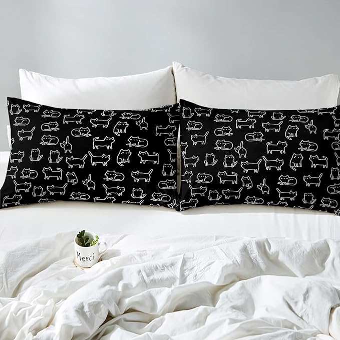 Feelyou Cartoon Cat Bed Sheet Set Cute Pet Cats Kids Comforter Set Animal Pattern Printed Bedding Set Set for Boys Room Decor Kitten Print Bed Cover Queen Size with 3 Pillow Case