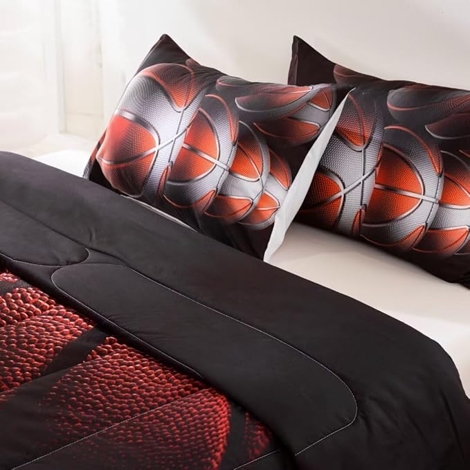 Teens Boys Sports Comforter Set Full,Basketball Bedding Set for Kids,Sports Orange Basketball Comforter Sets,Black Teenage Boy Bedroom Bed Set 3 Pieces with Pillowcases