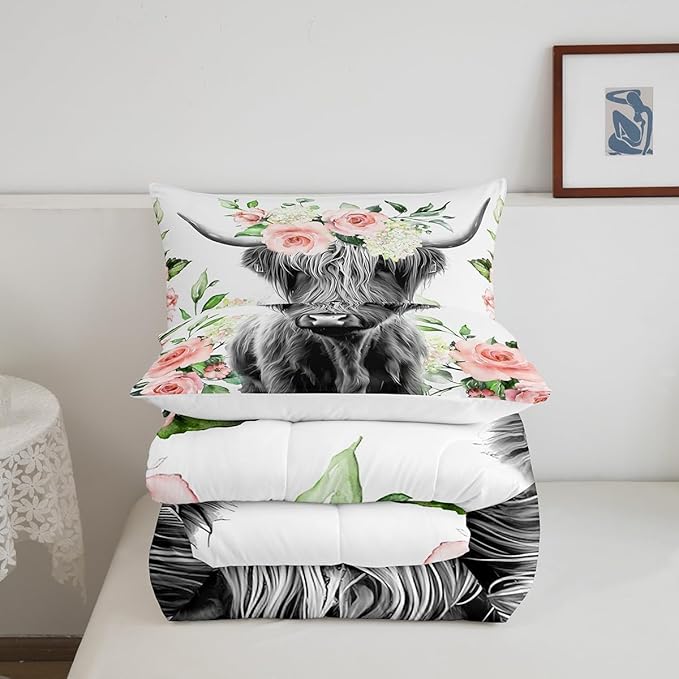Highland Cow Bedding Set Kids Rose Floral Bull Cattle Comforter Set for Girls Teens Western Wildlife Animal Comforter Farmhouse Duvet Set Room Decor Quilt Set Full Size