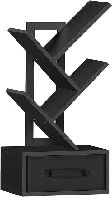 Small Book Shelf with Drawer,4 Tier Black Tree Bookshelf,Wooden Desktop Bookcase,Modern Desk Display Storage Bookshelves,Floor Standing Organizer Bookcases for Living Room,Bedroom,Office