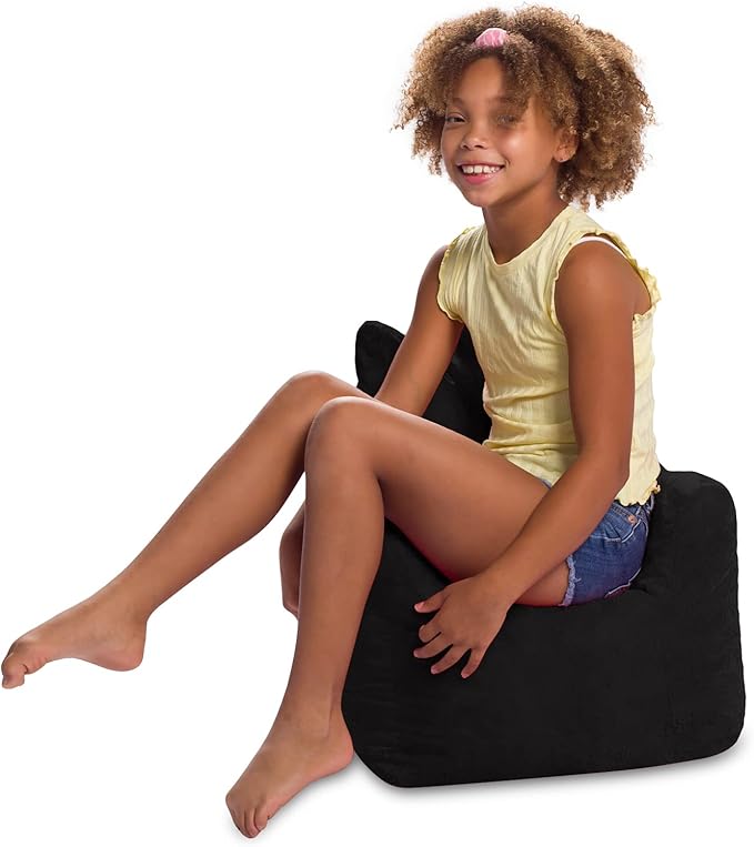 Posh Creations Structured Comfy Bean Bag Chair for Gaming, Reading, and Watching TV, Pasadena Chair, Rabbit Fur - Black