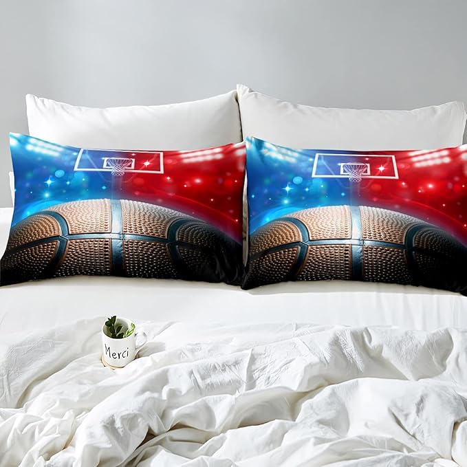 Erosebridal Basketball Comforter Set Twin for Kids Boys Teens Men,Sport Basketball Bedding Set Ball Games Down Comforter Red Blue Basketball Court Quilt Duvet Set Sports Room Decor 1 Pillow Case