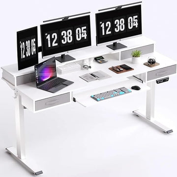Electric Standing Desk, Multifunctional Standing Desk Adjustable Height, 63 * 24 Standing Desk with 4 Drawers, Ergonomic Adjustable Standing Desk with Keyboard Tray, Snow White