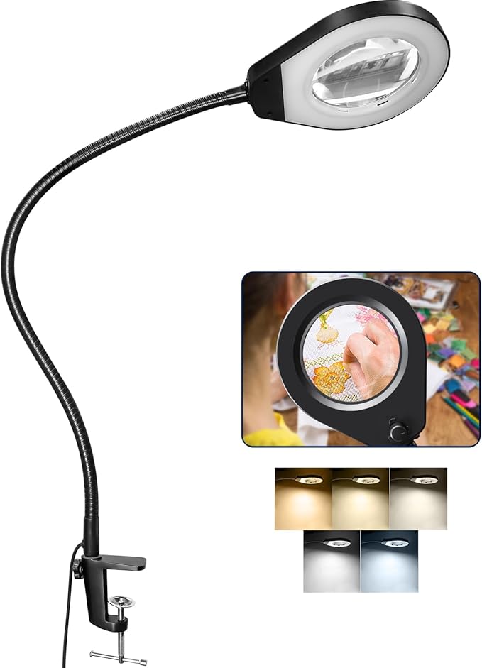 Magnifying with Light and 10X Real Glass Lens, Lighted in 5 Color Temperatures & 10 Dimmable Levels, Desk Edge Clip Mounted, Hands Free Positioning by 19.7' Gooseneck Arm