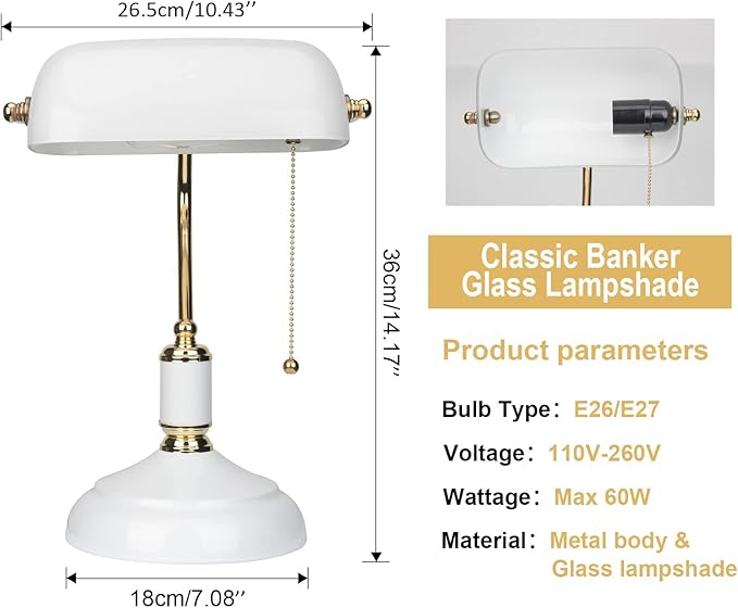 FIRVRE Glass Bankers Lamp Desk Lamp Classic Retro Table lamp Reading Modern for Home Office nightstand Bedside Study Desk Library