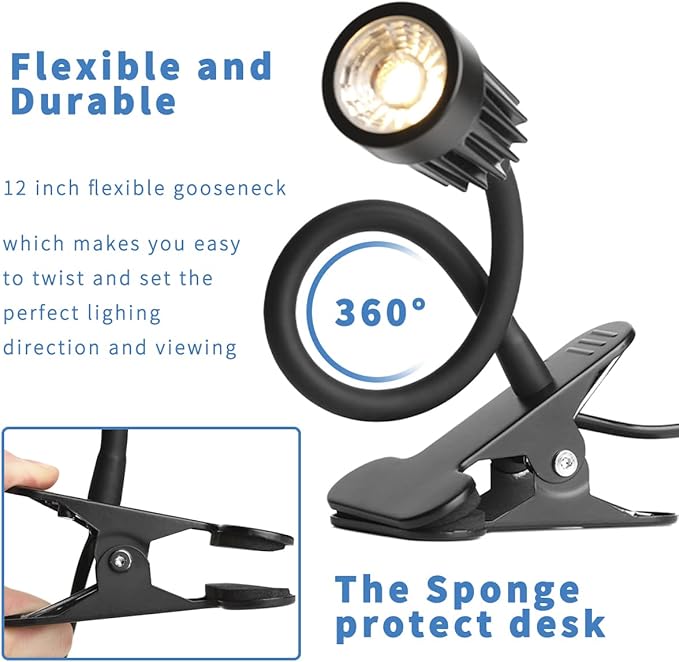 EAGLOD LED Clamp Clip on Light Desk Lamp, 3w Clip Bedside Lamp Clamp,360°Flexible Gooseneck Night Lights, Reading Lighting,Table Lamp for College Dorm,Home,Nail Art,Tattoo Lamp 2Pack