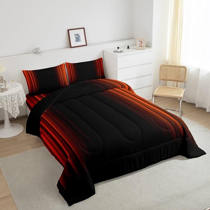 Geometric Abstract Ombre Comforter Set Kids Teens Orange Red and Black Striped Bedding Bed Set Decor Modern Fashion Comforter Inner Fill Bedroom Collection 2Pcs Twin Size