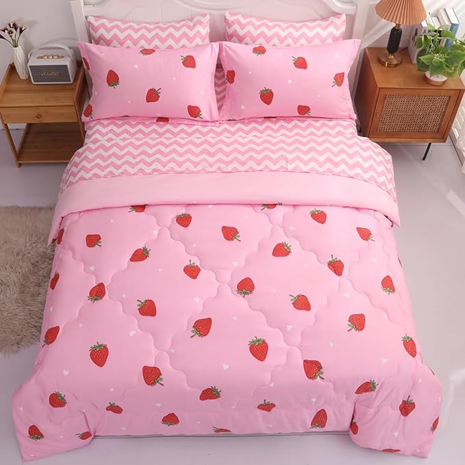 Strawberry Comforter Bedding Set Twin Size for Girls 7 Piece Pink Kawaii Comforter Set Bed in A Bag for Kids Teens All Season (1 Comforter,1 Flat Sheet,1 Fitted Sheet and 4 Pillow Sham)