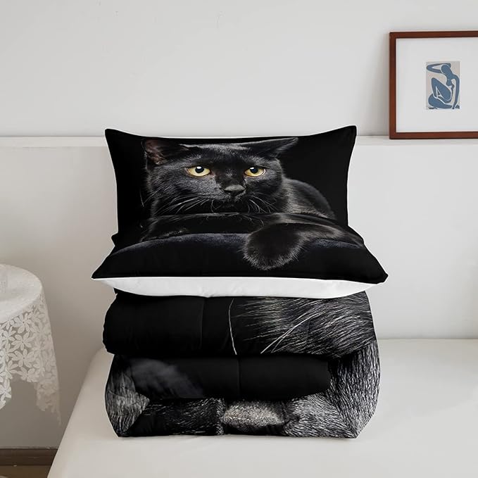 Erosebridal Black Cat Comforter Set Full 3D Cat Duvet Insert for Kids Girls Boys Cat Lover Cute Farmhouse Domestic Pet Animal Bedding Set Cute Cat Down Comforter Soft Warm Quilt Set Bedroom Decor