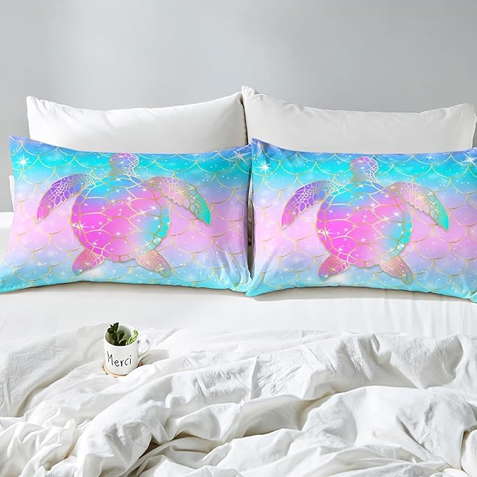 Erosebridal Mermaid Scales Comforter Set for Girls, Tortoise Reptile Bedding Set King Size, Sea Turtle Ocean Life Duvet Sets for Kids Children Boys Women, Sweet Girly Down Comforter, Teal Blue