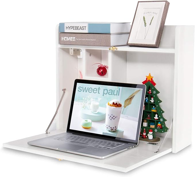 YUSING Wall Mounted Table, Multifunctional Fold Down Wall Mounted Laptop Computer Desk with Storage Compartments for Home, Office, White