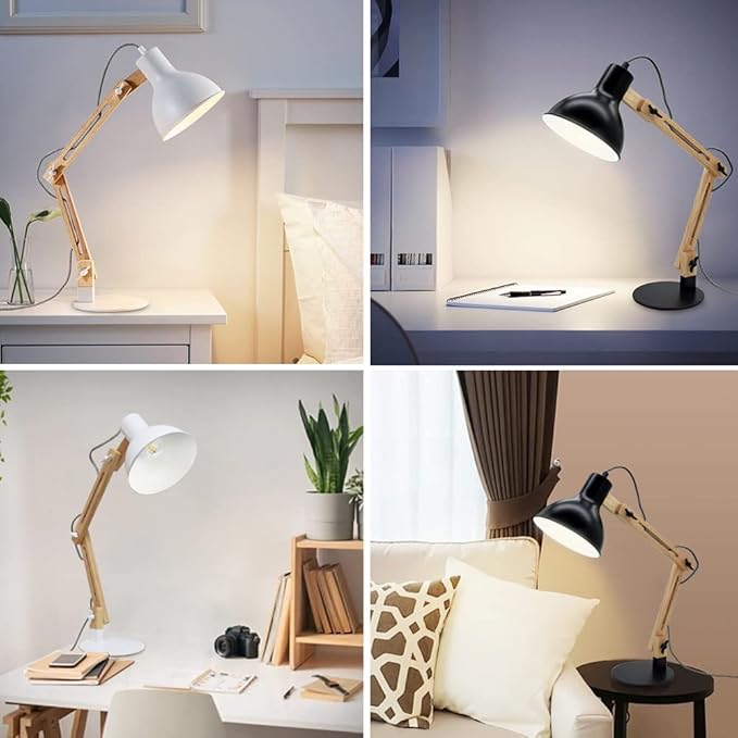 DLLT Swing Arm Desk Lamp, Wood Adjustable Gooseneck Table Lamp, Modern Architect Desk Light, Reading Light for Work, Study, Bedroom, Home Office, College Dorm, Black Metal Shade, E26 Bulb Included