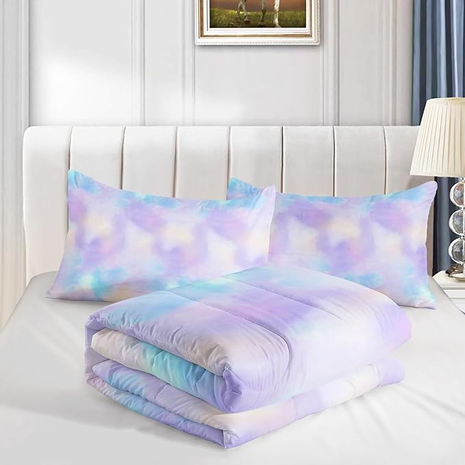 Axolotl Tie Dye Bedding Set Full,Pink Blue Purple Comforter Set,Boho Psychedelic Bedding Colorful Tie Dye Pastel Comforter Set,Rainbow Bedding Set for Kids Girls Teens Women,1 Quilt 2 Pillowcases