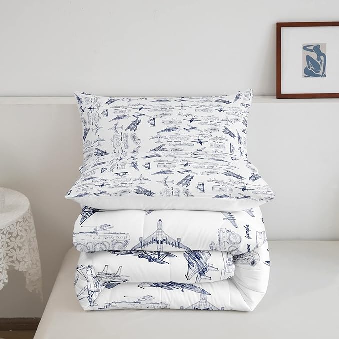 Feelyou Aircraft Bedding Set Kids Airplane Print Comforter Set Boys Girls Decor Aircraft Flying Comforter Cover Set Microfiber Sketch Style Blue White Duvet Set Bedroom Quilt Set Full Size