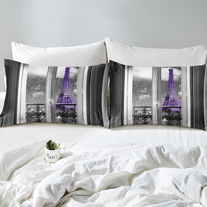 Erosebridal Purple Eiffel Tower Comforter Set Full,vintage France Paris Bedding Set for Girls Teens Women Retro City Building Down Comforter Romantic Rainy Day Quilt Set 2 Pillow Cases Bedroom Decor