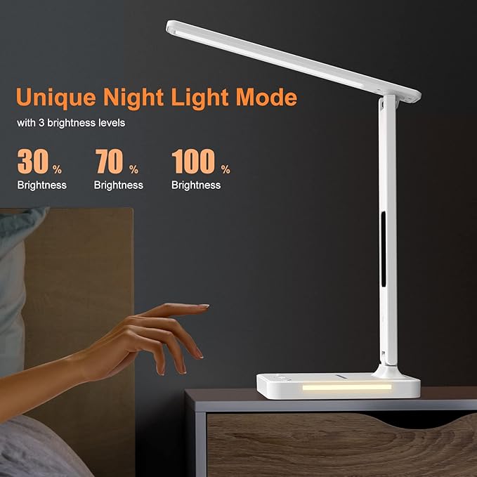poukaran Desk Lamp, LED Desk Lamp with Wireless Charger, USB Charging Port, Table Lamp with Night Light, Desk Lights with Clock, Alarm, Date and Temperature, White