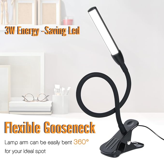Clip on Reading Light, Clip Light, Warm & Daylight & White Light 3 Colors, Eye-Care Clamp Lamp with 10 Dimmable Illumination Modes