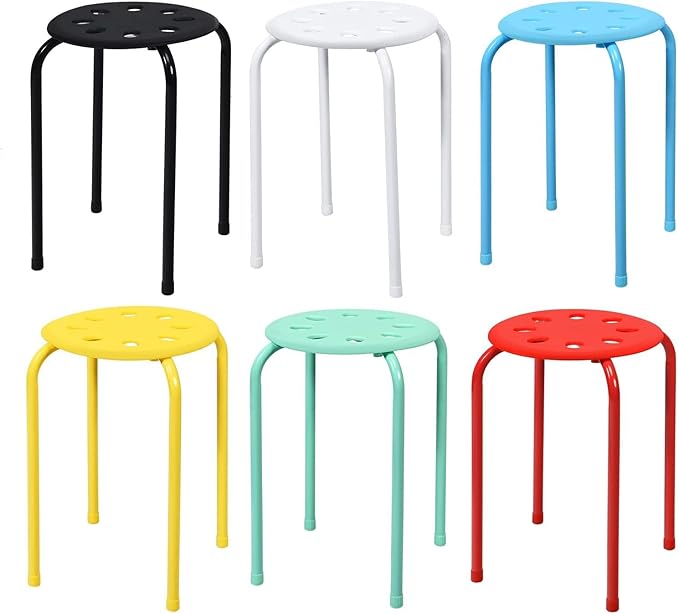 6-Pack Plastic Stackable Stools, 17.5" Multipurpose Stool Chairs w/Metal Frame, X-Shape Connection, Non-Slip Feet, Mulit Color for Students Child Kids, Colorful