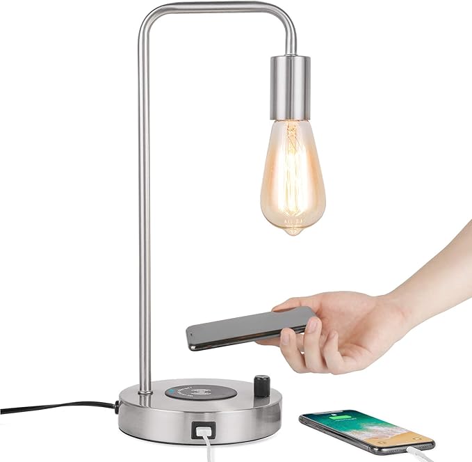 USB Desk Lamp – Table Lamp with Wireless Charging Pad and USB Port, Edison Bedside Nightstand Lamp with Metal Base for Guestroom Bedroom Living Room Office, Satin Nickel