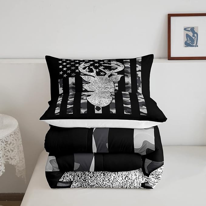 American Flag Bedding Set Deer Camo Comforter Set King for Kids Boys Teen Man,Western Rustic Black Grey Military Camouflage Bedding Comforters Hunting Deer Antlers Quilt Duvet for All Season 3 Pcs