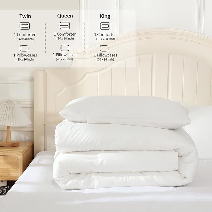 White Comforter Twin Size, Aesthetic Modern Bedding Set for Girls/Women, Cute Soft & Lightweight Chic Microfiber Bed Sets, 2pc- 1 Comforter & 1 Pillowcase (66x90 Inches)